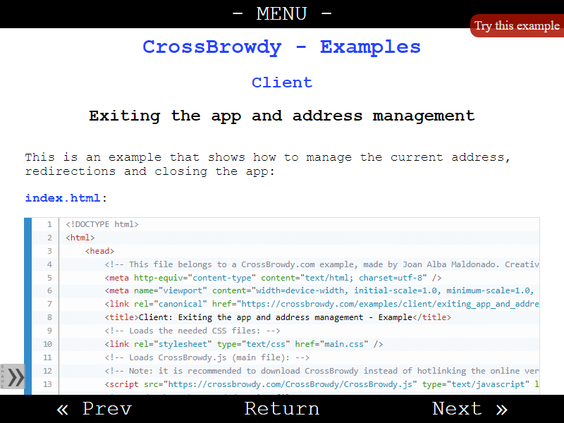 CrossBrowdy - Examples - Client: Exiting the app and address management